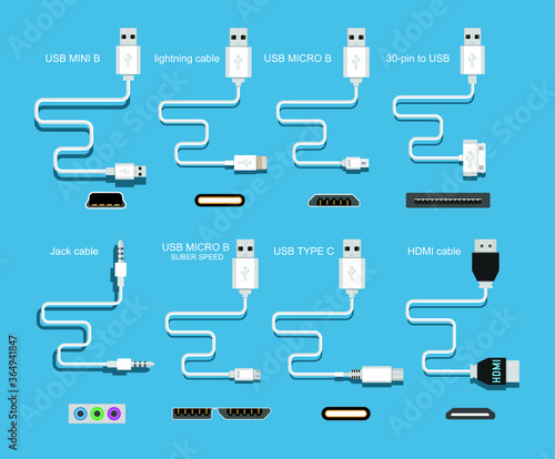 Different types of universal computer cable connectors, cables Type-A, Type-B, Mini-USB, USB Micro B, Micro-USB HDMI, Lightning, 30-pin USB