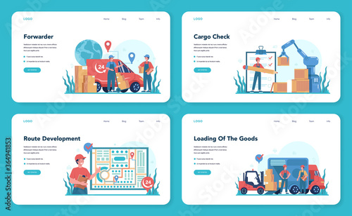 Forwarder web banner or landing page set. Loader in uniform