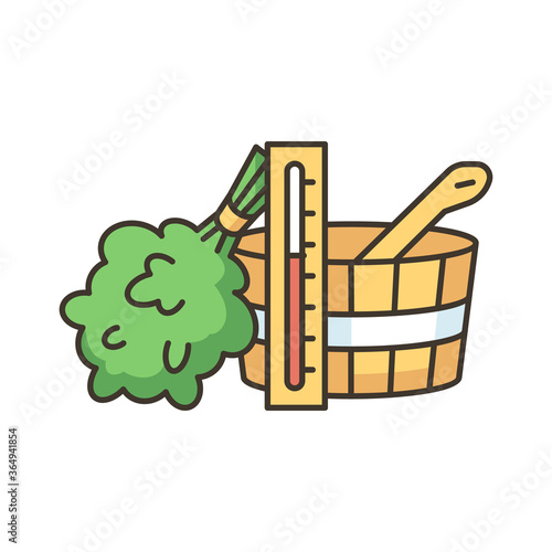 Sauna accessories RGB color icon. Bathhouse relaxation, steam therapy. Banya attributes. Termometer, broom, water bucket and spoon isolated vector illustration