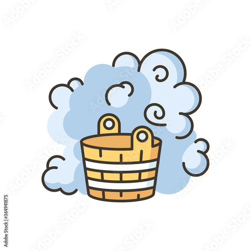Outdoor sauna RGB color icon. Hot springs recreation, sauna relaxation. Steam bath, healthy pastime. Bathhouse accessory, water bucket isolated vector illustration