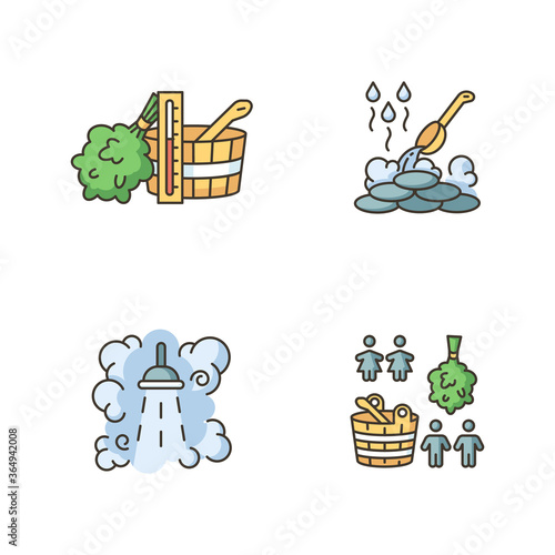 Sauna culture RGB color icons set. Finnish and russian bathhouses accessories, brooms and water buckets. Steam shower, wet sauna. Isolated vector illustrations