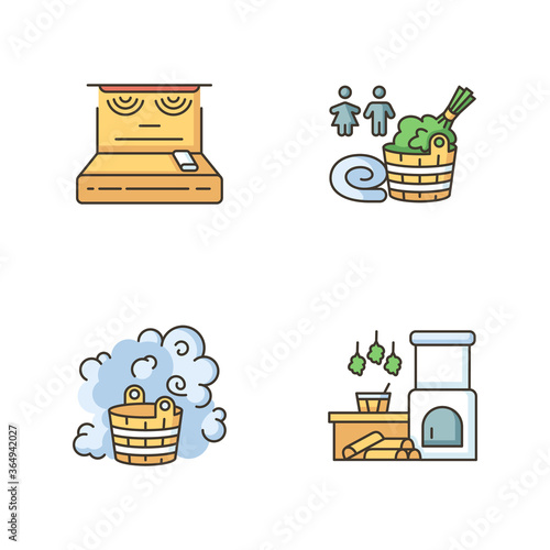 Bathhouse types RGB color icons set. Steam room, vaporarium, modern infrared sauna and traditional russian banya. Mixed sex bathhouse. Isolated vector illustrations
