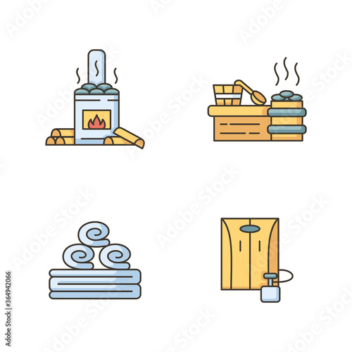 Modern saunas RGB color icons set. Wood burning bathhouse, vaporarium, bath towel and portable sauna. Spa treatment, heat therapy. Isolated vector illustrations