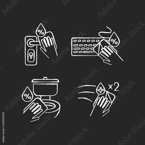 Surface cleaning chalk white icons set on black background. Door knob, keyboard and toiled disinfection with antibacterial wipes. Housekeeping chores. Isolated vector chalkboard illustrations