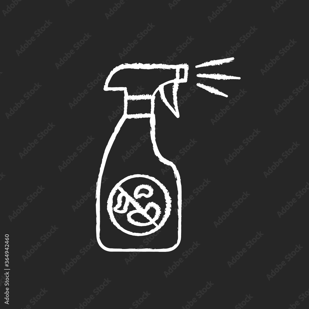 Antiseptic spray chalk white icon on black background. Sterilization product, disinfectant. Home cleaning, housekeeping. Sprayer bottle with detergent isolated vector chalkboard illustration Antiseptic spray chalk white icon on black background. Sterilization product, disinfectant. Home cleaning, housekeeping. Sprayer bottle with detergent isolated vector chalkboard illustration