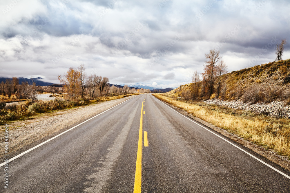 Scenic road in Grand Teton National Park, Wyoming, USA.