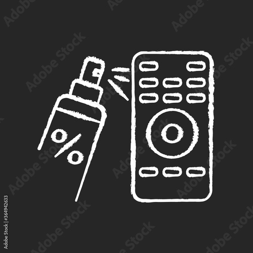 Remote control disinfection chalk white icon on black background. Surface cleaning, domestic hygiene. Microbe protection. Hand held device and antiseptic isolated vector chalkboard illustration