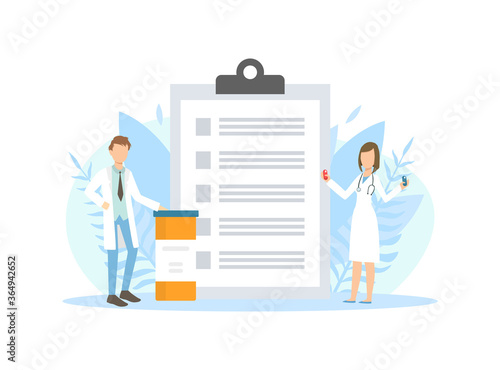 Tiny Pharmacists Doctors Standing Next Huge Clipboard with Prescriptions Vector Illustration
