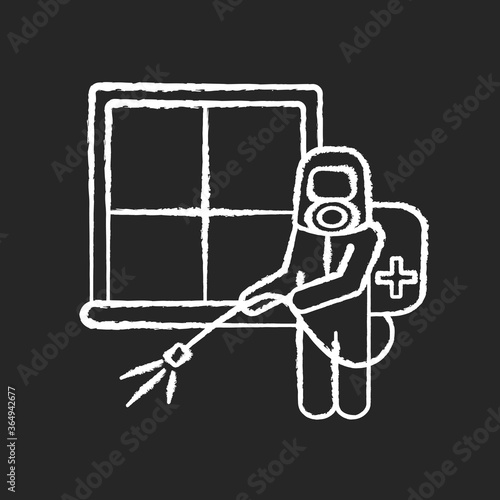 Room fumigation chalk white icon on black background. Home decontamination, professional disinfection service. Chemical sterilization. Cleaner in hazmat suit isolated vector chalkboard illustration