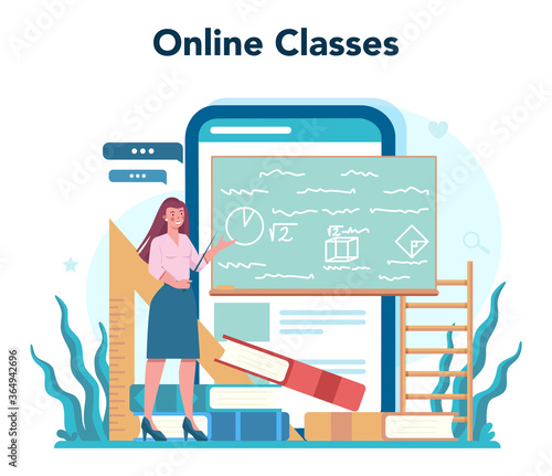 Teacher online service or platform. Profesor standing in front of the