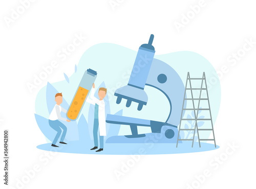 Tiny Medical Doctors Scientists Working with Huge Microscope, Research Chemical Laboratory Vector Illustration