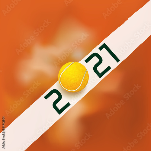Carte de vœux sur le thème du tennis pour l’année 2021, montrant une balle frappant une ligne blanche du terrain en prenant la place du zéro.