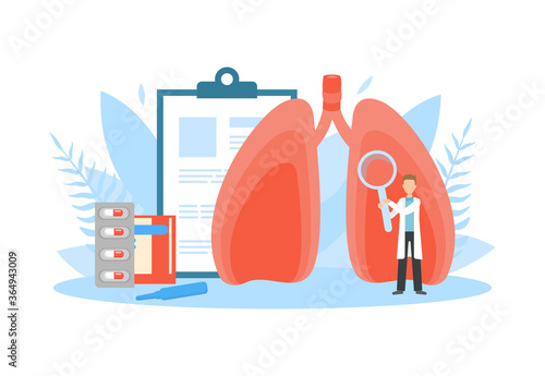Tiny Doctor Examining Huge Human Lungs with Magnifier, Obstructive Pulmonary Disease, Doctor Doing Medical Research Vector Illustration