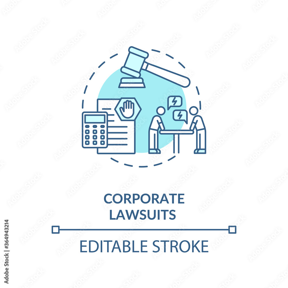 Corporate lawsuit concept icon. Financial and legal consulting service. Proceeding in court of law idea thin line illustration. Vector isolated outline RGB color drawing. Editable stroke