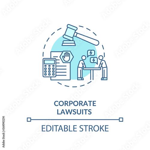 Corporate lawsuit concept icon. Financial and legal consulting service. Proceeding in court of law idea thin line illustration. Vector isolated outline RGB color drawing. Editable stroke