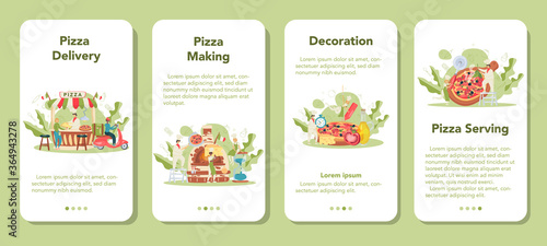 Pizzeria mobile application banner set. Chef cooking tasty delicious