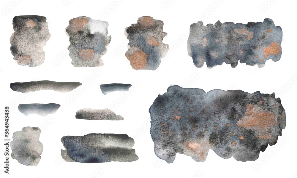 Fototapeta premium Watercolor hand painted textured stains, grey, black and gold colors.