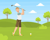 Male Golfer Training with Golf Club on Course, Young Man Doing Physical Activity Outdoors Vector Illustration