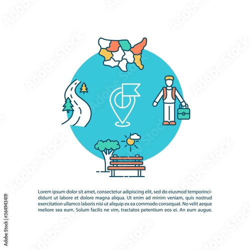 Regional tourism concept icon with text. Hitchhiking. Environmentally friendly vacations. PPT page vector template. Brochure, magazine, booklet design element with linear illustrations