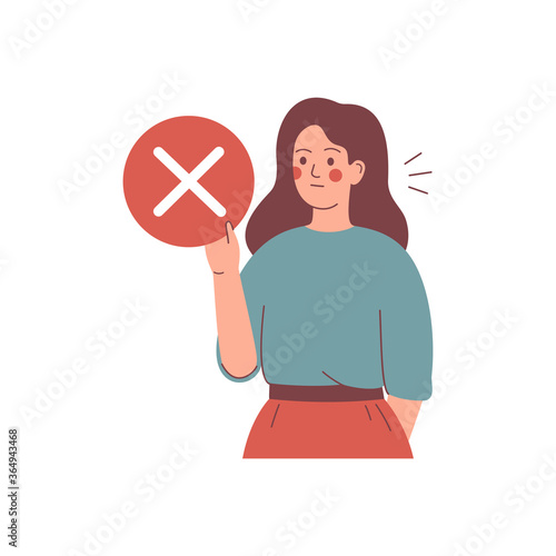 Young woman hold the circle with reject mark. No concept. Vector illustration.