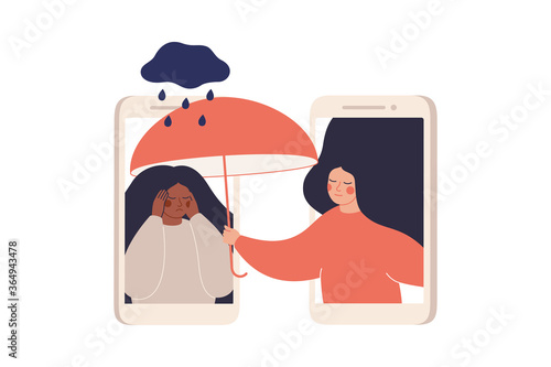 Girl comforts her sad friend over the phone. Woman supports female with psychological problems. Online therapy and counselling for people under stress and depression over online services. Vector photo