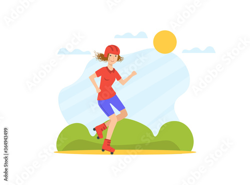Girl Rolling on Roller Blades, Young Woman Doing Physical Activity Outdoors Vector Illustration