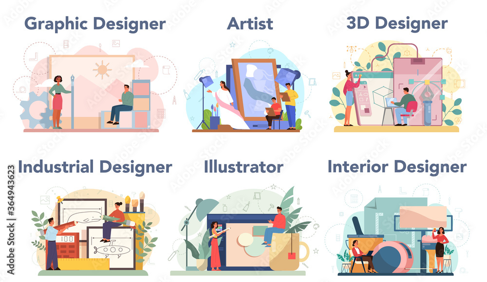 Designer concept set. Graphic, 3d, interior, industrial designer, Designer concept set. Graphic, 3d, interior, industrial designer,