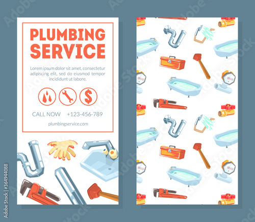 Plumbing Service Business Card Template, Professional Plumber or Handyman, Flyer, Poster or Banner Vector Illustration