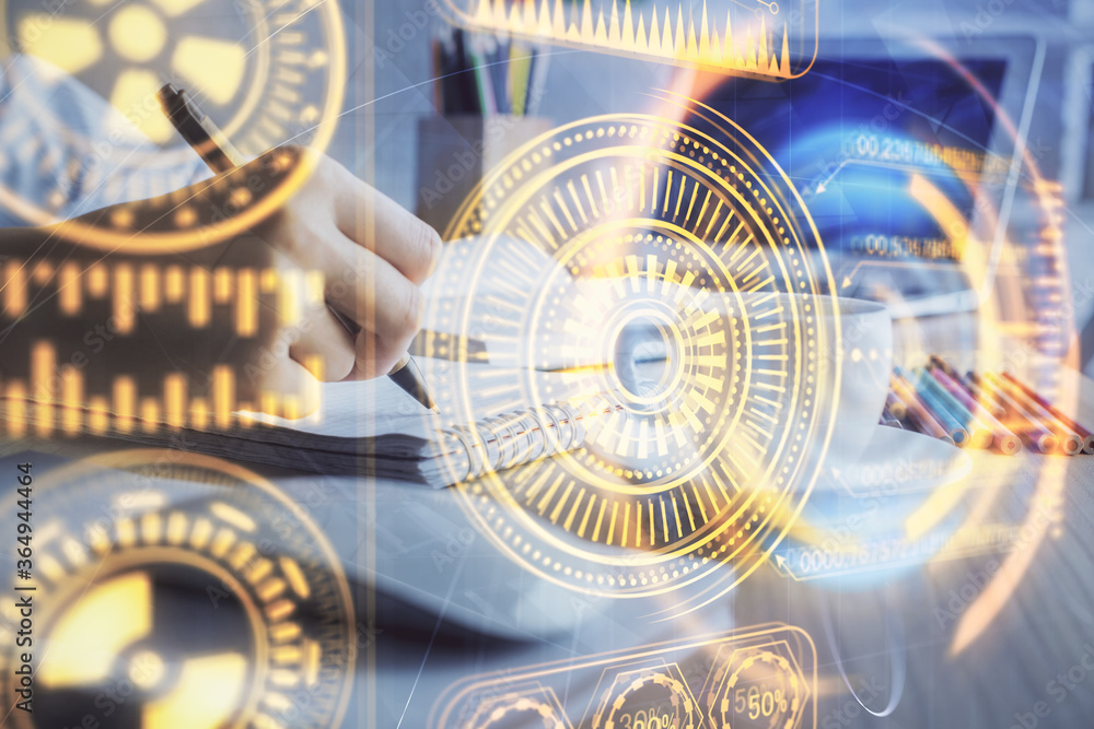 Fototapeta premium Tech theme hologram over woman's hands taking notes background. Concept of hightech. Double exposure
