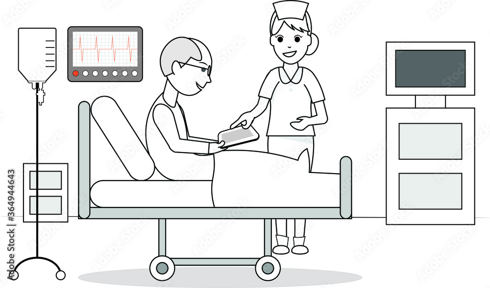 Nurse showing something on a tab Patient sitting on a hospital clinic bed looking at tablet screen