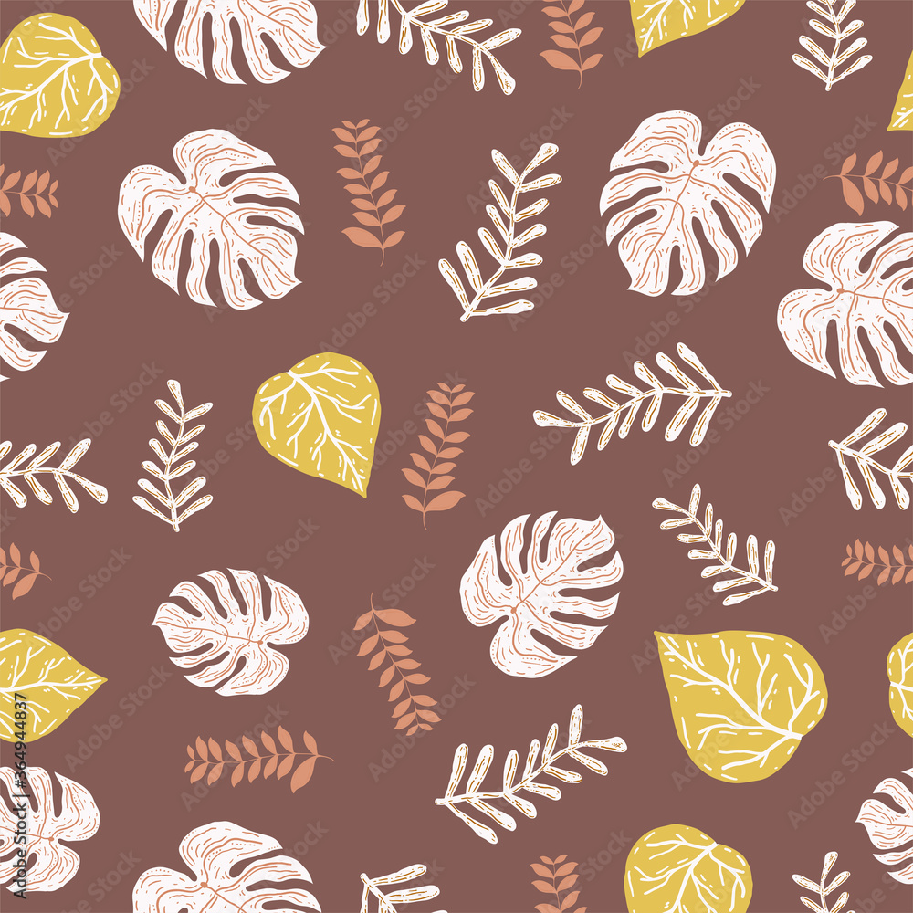 Vector chocolate and yellow color any leaf Repeat Seamless Pattern Background. Can Be Used For, bottles print, Fabric, Wallpaper, Invitations, Packaging. The surface pattern design. - obrazy, fototapety, plakaty 