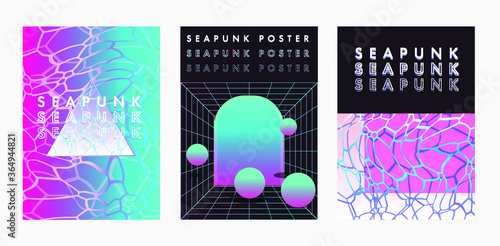 Seapunk vaporwave style posters with surreal composition of geometric shapes, laser neon grid and ocean ripples texture. Set of cover templates for music or fashion event in retrofuturistic style.