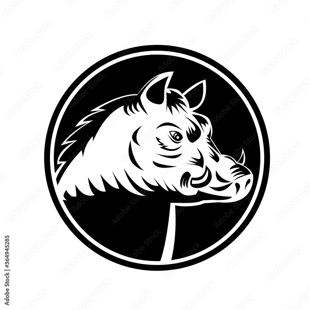 Razorback Wild Hog Feral Pig Head Woodcut Black and White Circle Razorback Wild Hog Feral Pig Head Woodcut Black and White Circle