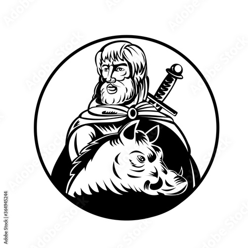 Freyr or Frey God in Norse Mythology with Sword and Wild Boar Retro Woodcut Black and White