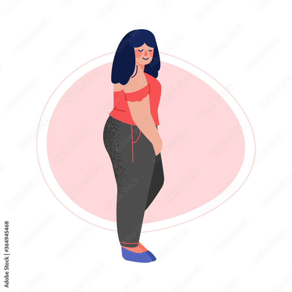 Smiling Brunette Plus Size Woman, Curvy, Cheerful Overweight Girl in Fashionable Clothes, Body Positive Concept Vector Illustration Smiling Brunette Plus Size Woman, Curvy, Cheerful Overweight Girl in Fashionable Clothes, Body Positive Concept Vector Illustration