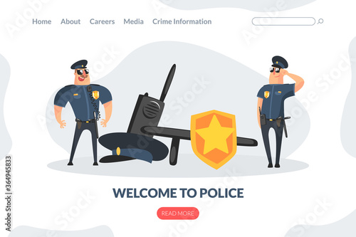 Welcome to Work Landing Page Template, Policemen Characters at Work Vector Illustration