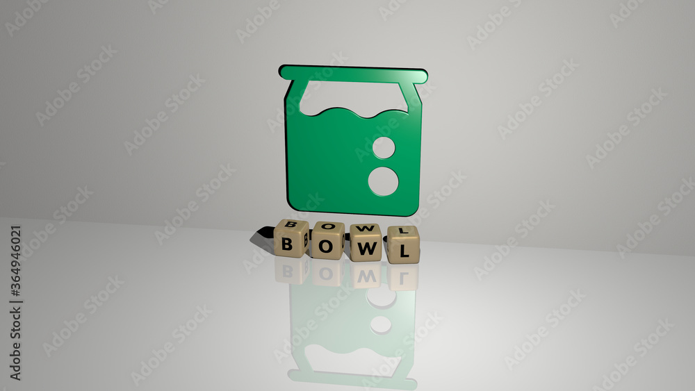 3D illustration of bowl graphics and text made by metallic dice letters for the related meanings of the concept and presentations. background and food 3D illustration of bowl graphics and text made by metallic dice letters for the related meanings of the concept and presentations. background and food