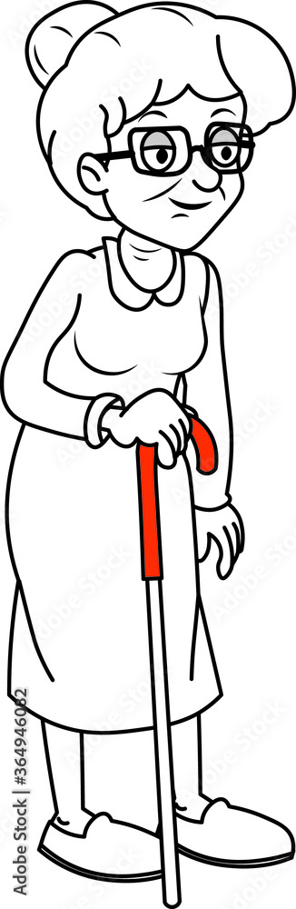 Wonderful hand drawn illustration of an old woman standing hand lean on walking stick
