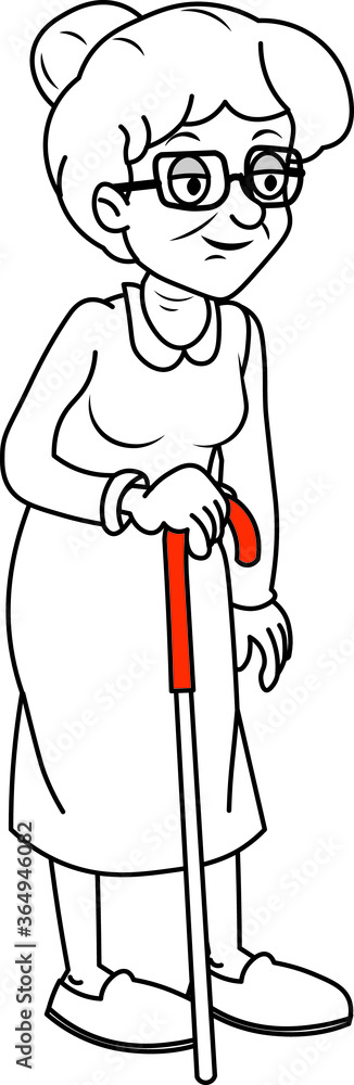 Wonderful hand drawn illustration of an old woman standing hand lean on walking stick Wonderful hand drawn illustration of an old woman standing hand lean on walking stick