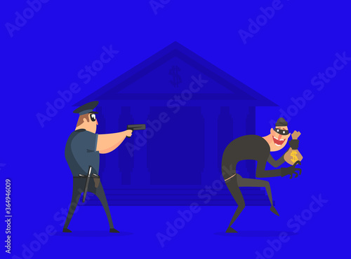 Policeman with Gun Aiming at Thief with Stolen Bag of Money Vector Illustration