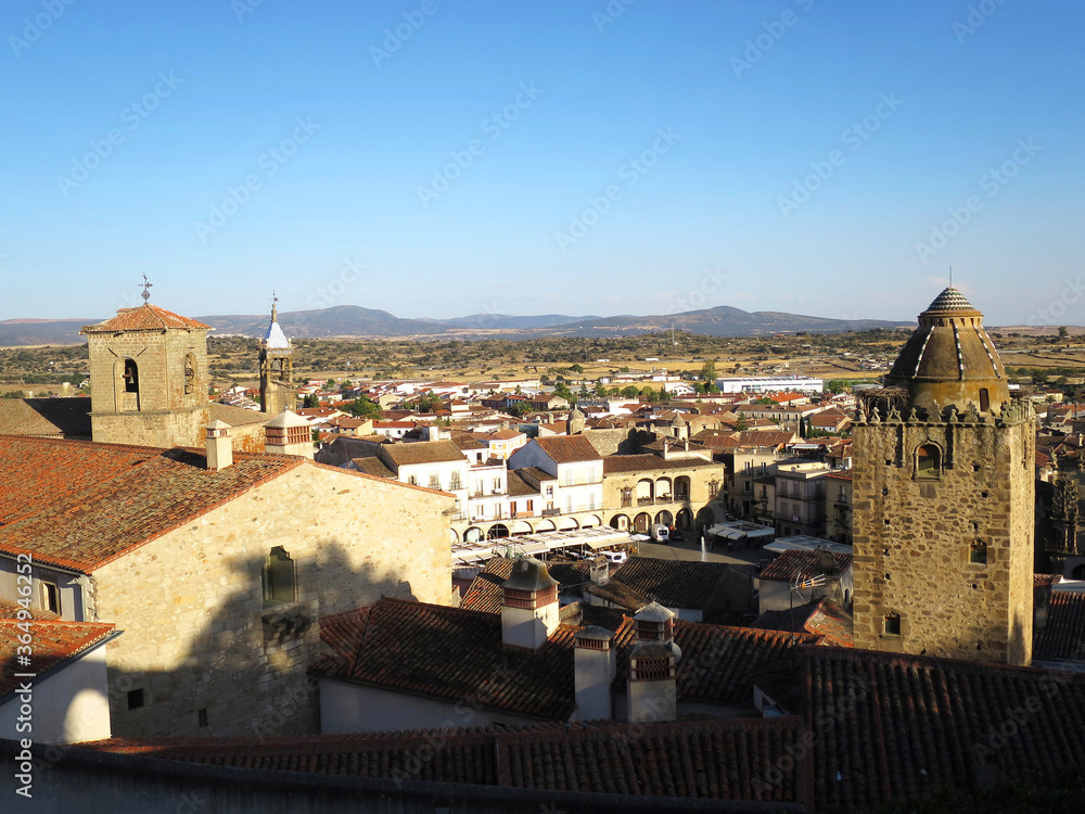 Panorama view of the Main Square (Plaza Mayor) and cityscape of Trujillo, SPAIN