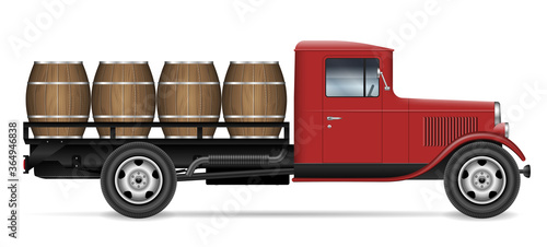 Vintage truck with wooden barrels view from side, all elements in the groups on separate layers for easy editing and recolor photo