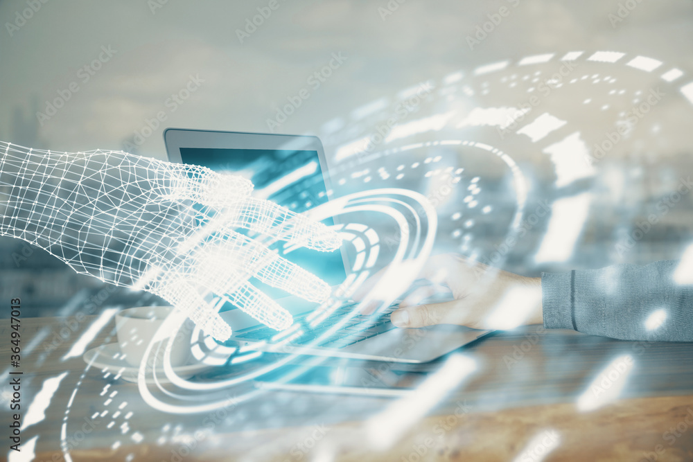 Multi exposure of technology hologram with man working on computer background. Concept of big data. Multi exposure of technology hologram with man working on computer background. Concept of big data.
