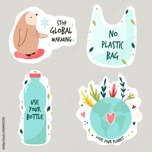 Set of colorful stickers with eco friendly slogans and illustrations.