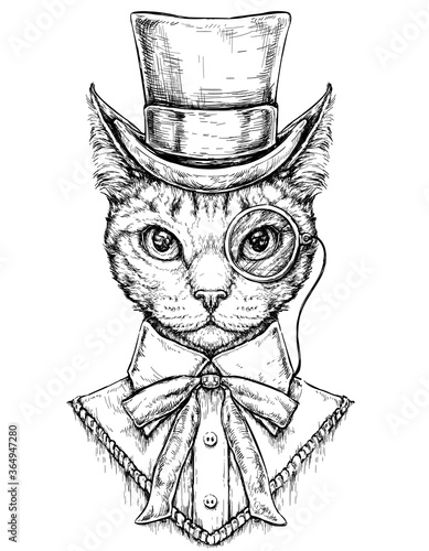 Cat wearing cylinder top hat and monocle. Hipster style hand drawn vector illustration