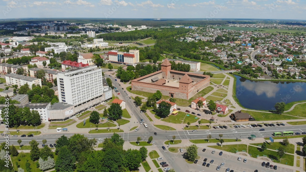 Aerial panorama of the historic city of Lida with a castle. Belarus.