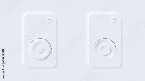 Remote control for for mobile applications. Neomorphism style for user interface. Round volume control, temperature, power. Increase, decrease. Power button. UI minimalism. 3d Vector. White