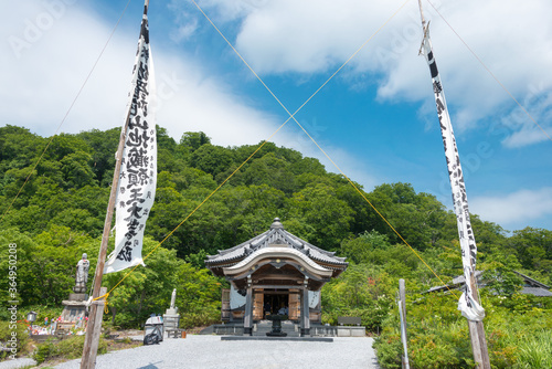 Osorezan Bodaiji Temple in Mutsu, Aomori, Japan. founded in 862 AD by the famed monk Ennin, a famous historic site. photo