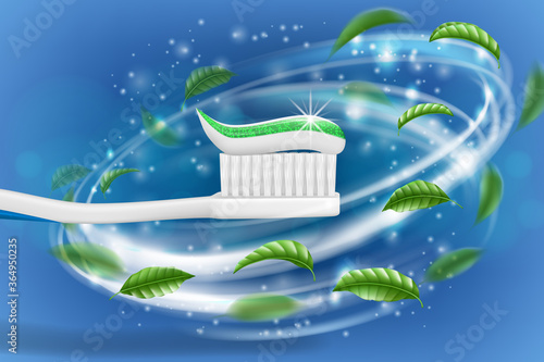 Whitening toothpaste ads, mint leaves background. Tooth model and product package design for dental care poster or advertising. 3d Vector illustration.
