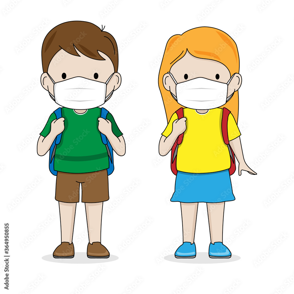 Students with backpack and mask. Isolated vector Students with backpack and mask. Isolated vector